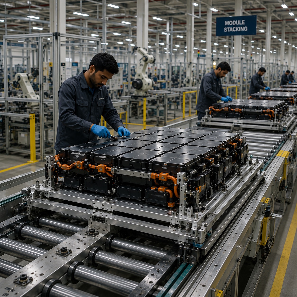 Technicians assembling and stacking EV battery modules on a production line