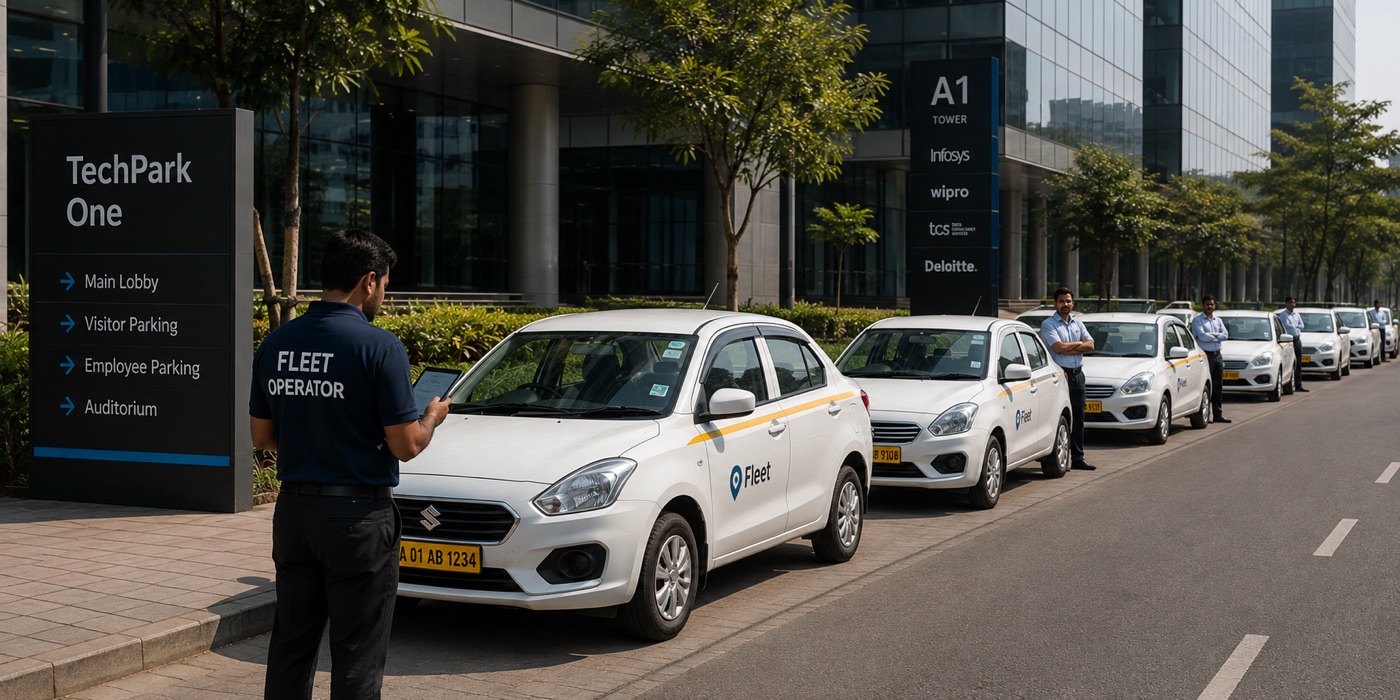 Fleet operator checking a lineup of GPS-tracked fleet vehicles outside a corporate tech park